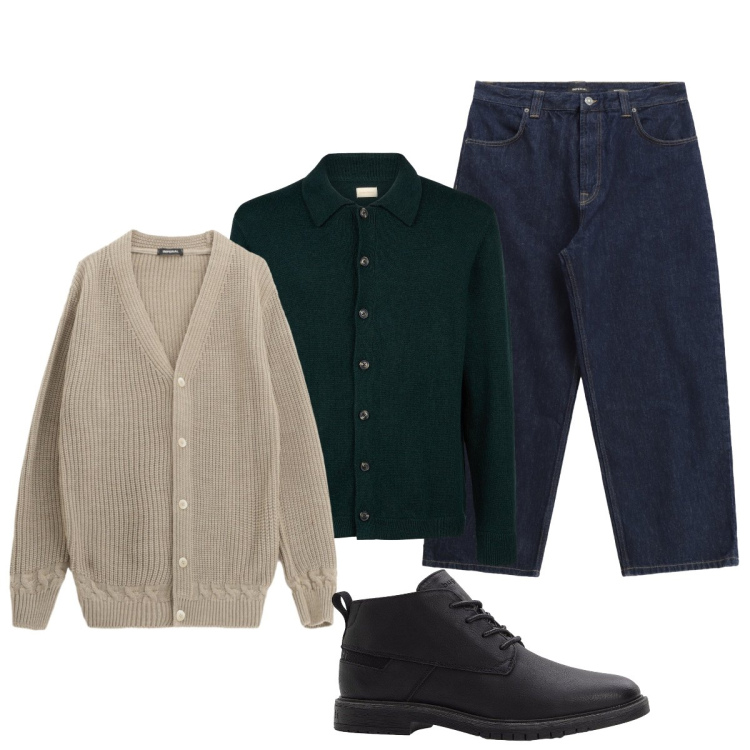 Outfit uomo - Total look #2274106. Stile Trendy per Tutti i giorni. Abbinamento con stivali e stivaletti, jeans, cardigans, polo.