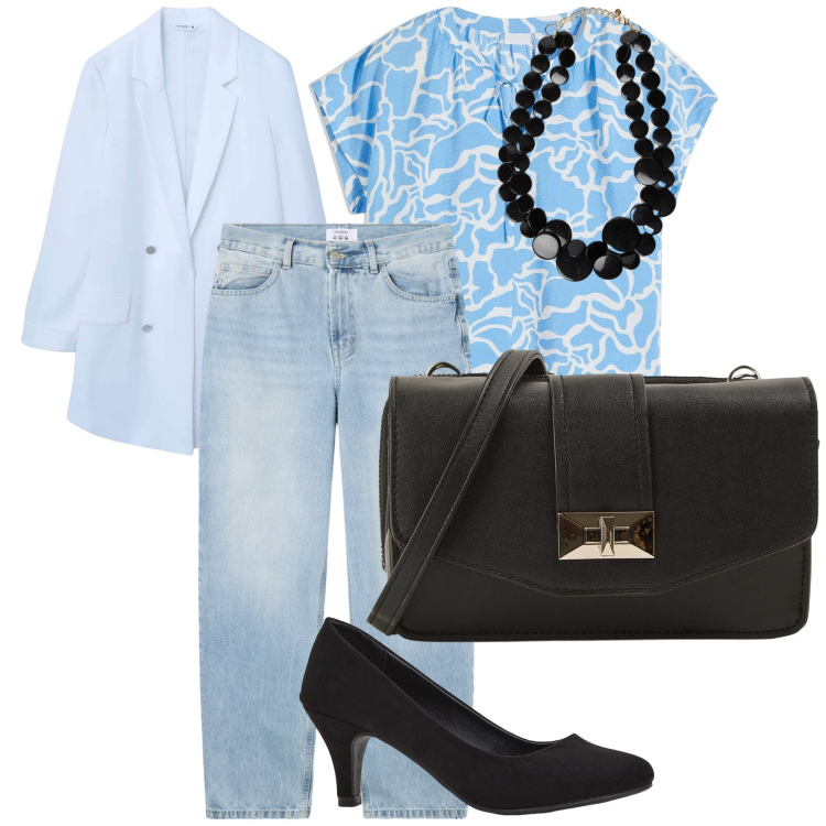 Outfit donna - Impeccabile anche in jeans. Stile Urban per Ufficio. Abbinamento con décolleté, bluse, blazer, borse a tracolla, jeans dritti, collane.