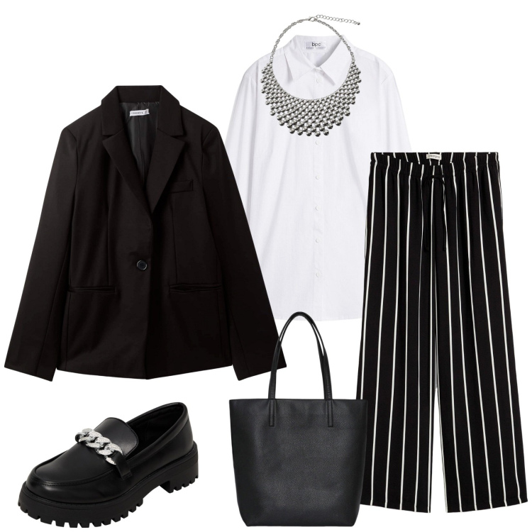 Outfit donna - Total look #2274109. Stile Casual chic per Ufficio. Abbinamento con camicie, pantaloni, mocassini, borse tote, blazer, collane.