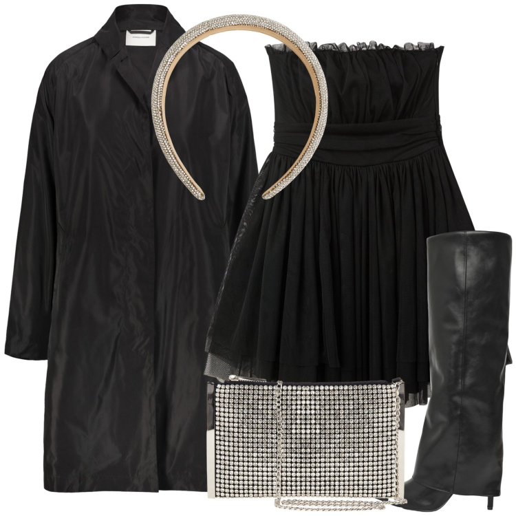 Outfit donna - Un cerchietto per la testa. Stile Chic per Serata fuori. Abbinamento con cerchietti, vestiti corti, stivali, pochette, trench.