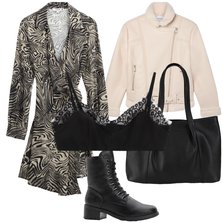 Outfit donna - Pizzo a vista ed ecomontone. Stile Urban per Ufficio. Abbinamento con shopping bag, stivaletti, vestiti corti, bomber, bralette.