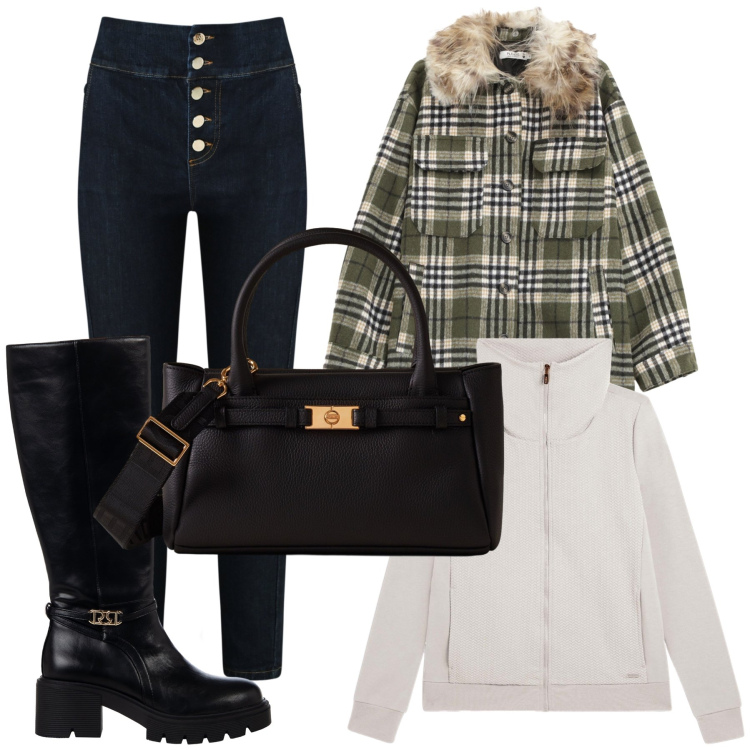 Outfit donna - Commissioni tardo autunnali. Stile Trendy per Tutti i giorni. Abbinamento con jeans, stivali sopra il ginocchio, cappotti, felpe, borse a mano.