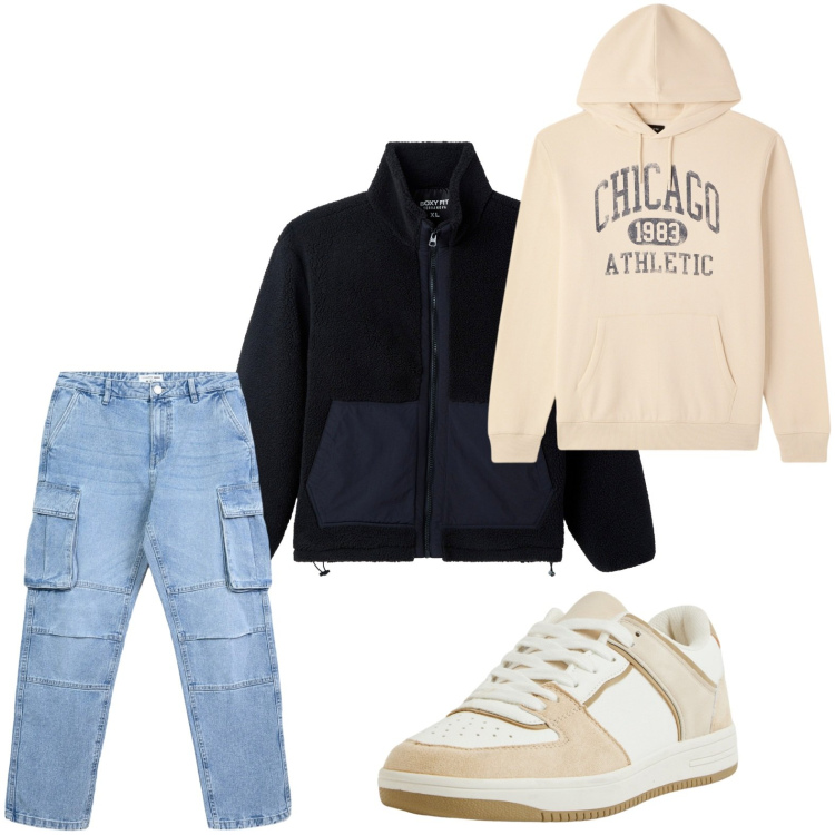 Outfit uomo - Cargo pants. Stile Trendy per Tutti i giorni. Abbinamento con sneakers, jeans, felpe con cappuccio, cappotti.