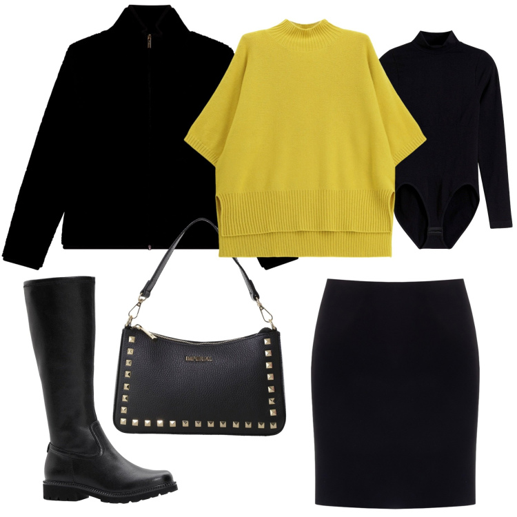 Outfit donna - Senape e nero. Stile Casual per Ufficio. Abbinamento con body, stivali, minigonne, bomber, pochette, maglieria.