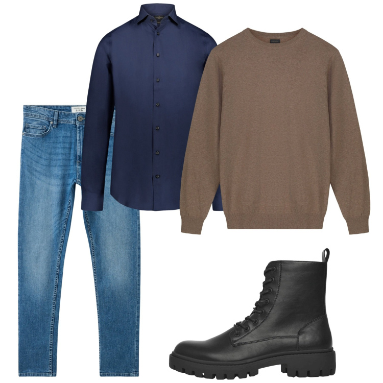 Outfit uomo - Total look. Stile Casual per Tutti i giorni. Abbinamento con jeans skinny, anfibi, camicie, maglieria.