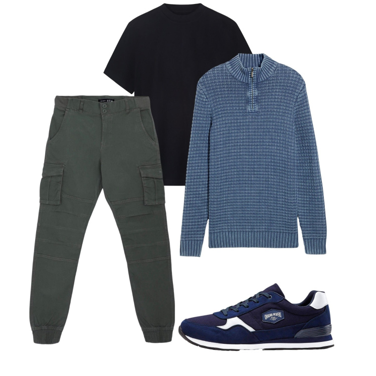 Outfit uomo - Pomeriggio libero. Stile Casual per Tutti i giorni. Abbinamento con sneakers, maglieria, pantaloni cargo, t-shirt.