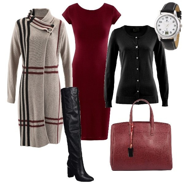 Outfit donna - Il tubino rosso intenso. Stile Basic per Ufficio. Abbinamento con cardigans, cappotto collo alto in in maglia con bottoni grigio e corda, vestito midi con scollo rosso, borsa a mano made italy con zip tinta unita rosso, stivali nero, orologio nero.
