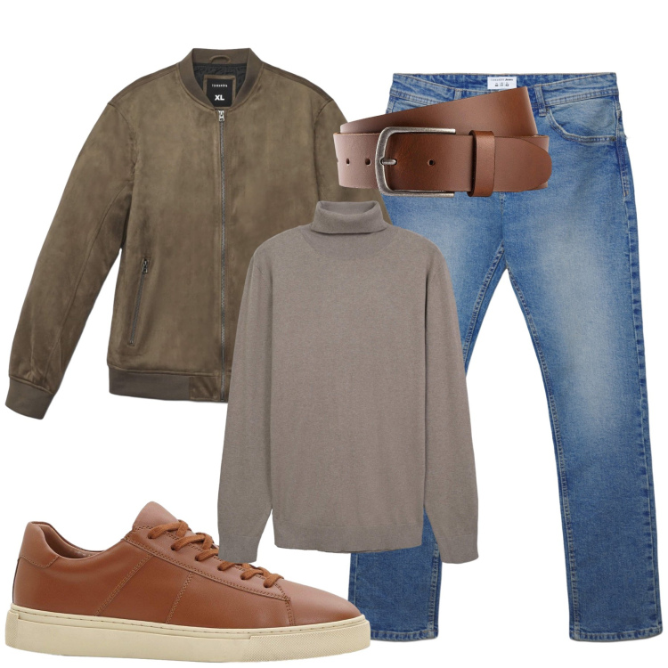 Outfit uomo - Lupetto e jeans. Stile Casual per Tutti i giorni. Abbinamento con cinture, sneakers, giacche, maglieria, jeans dritti.