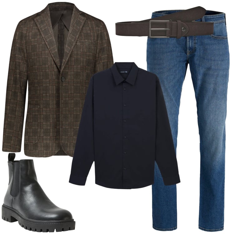 Outfit uomo - Una serata speciale. Stile Trendy per Serata speciale. Abbinamento con jeans, stivali e stivaletti, cinture, camicie, giacche.