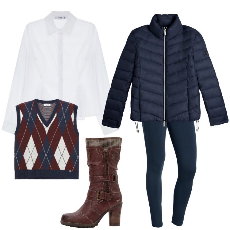 Outfit donna - Country chic. Stile Casual chic per Tutti i giorni. Abbinamento con stivali, gilet, camicie, pantaloni skinny, piumini.