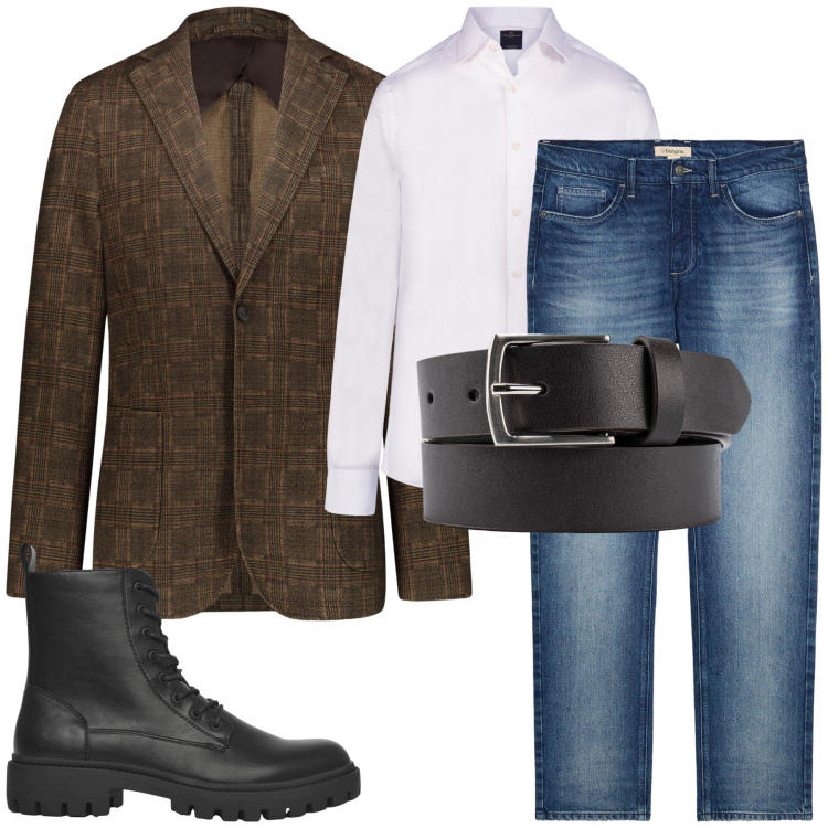 Outfit uomo - Un blazer alternativo. Stile Trendy per Serata speciale. Abbinamento con jeans dritti, anfibi, camicie, giacche, cinture.