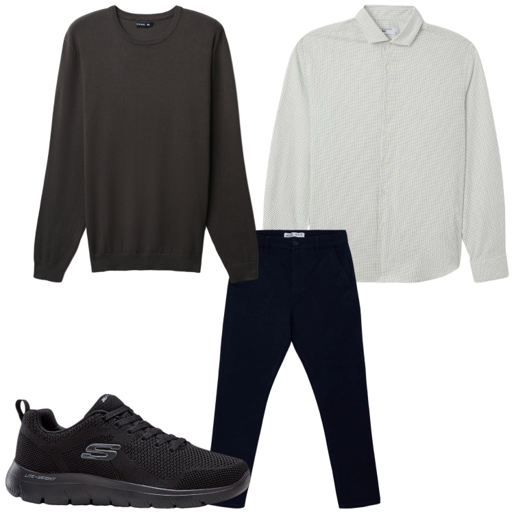 Outfit uomo - Bianco e nero. Stile Casual per Tutti i giorni. Abbinamento con sneakers, camicie, pantaloni chino, maglieria.