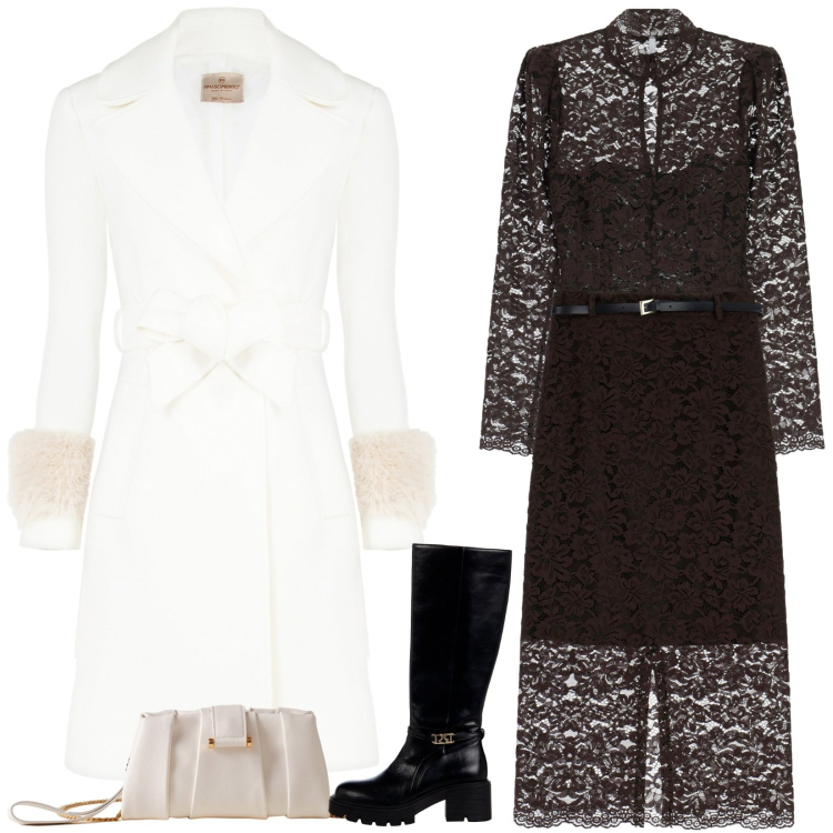 Outfit donna - Total look #2274158. Stile Chic per Serata fuori. Abbinamento con stivali sopra il ginocchio, cappotti, bluse, gonne lunghe, pochette.