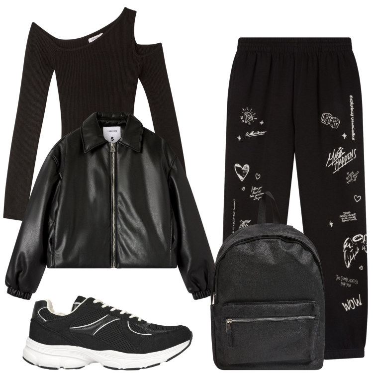 Outfit donna - Dark. Stile Glamour per Tutti i giorni. Abbinamento con pantaloni, bomber, sneakers, maglieria, zaini.