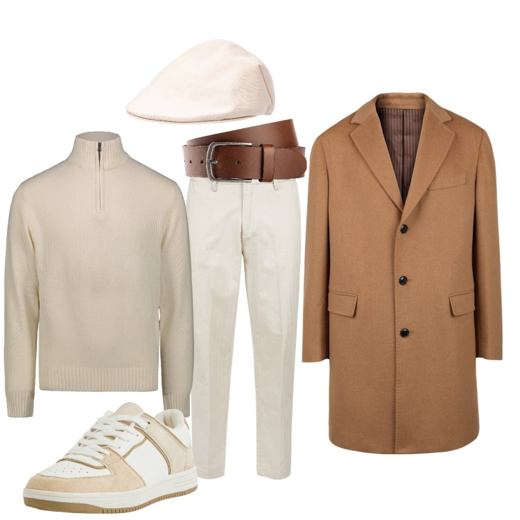 Outfit uomo - Elegante in città. Stile Business/Elegante per Tutti i giorni. Abbinamento con cinture, sneakers, cappotti, cappelli e berretti, pantaloni, maglieria.