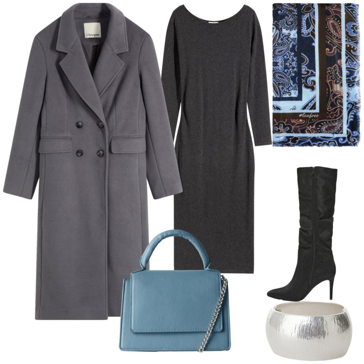 Outfit donna - Il cappotto grigio. Stile Bon Ton per Serata fuori. Abbinamento con cappotti, vestiti midi/longuette, borse a tracolla, stivali, anelli, foulard.