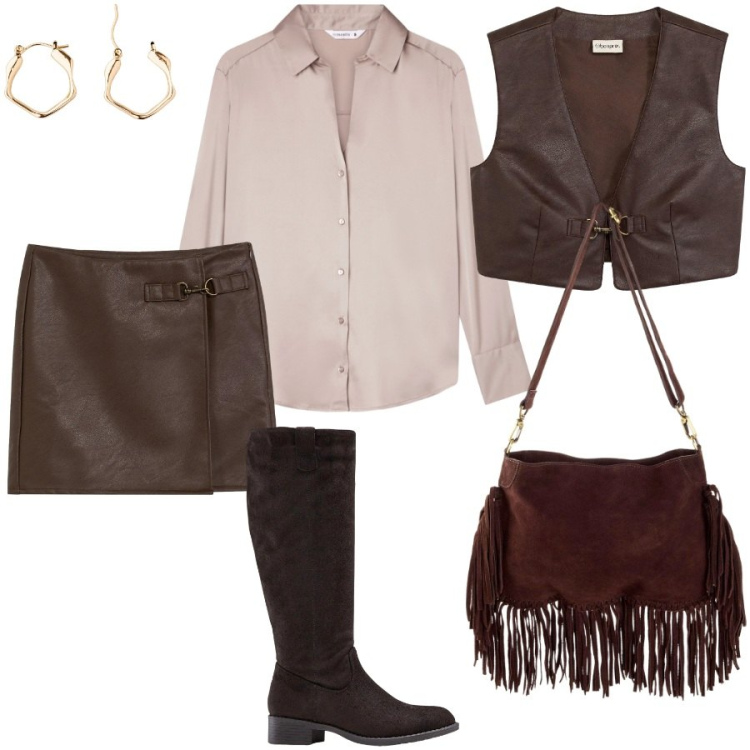 Outfit donna - Aperitivo. Stile Casual chic per Serata fuori. Abbinamento con stivali, orecchini, gilet, gonne, borse a tracolla, camicie.