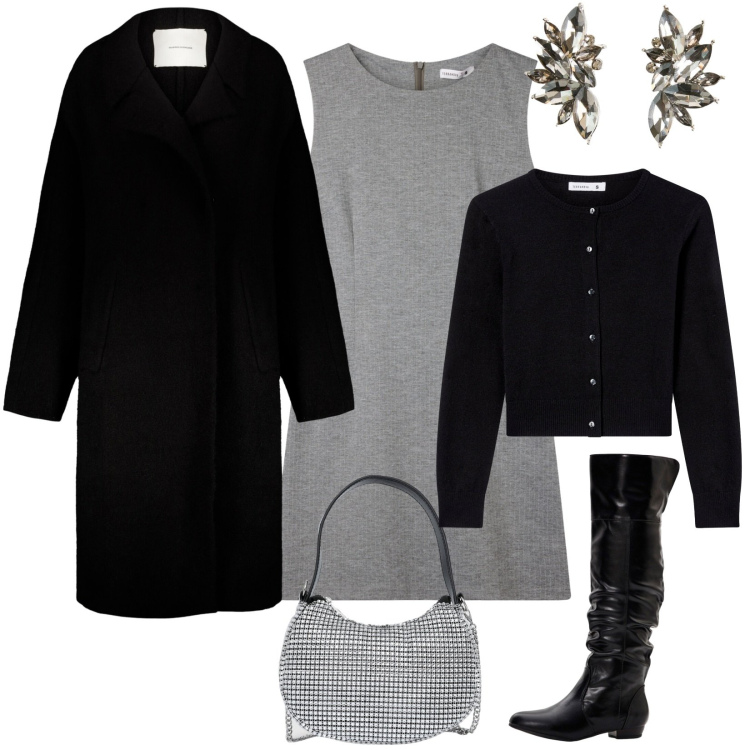 Outfit donna - Il cappotto di maglia. Stile Bon Ton per Serata fuori. Abbinamento con stivali sopra il ginocchio, orecchini, vestiti senza maniche, cardigans, borse a spalla, cappotti.