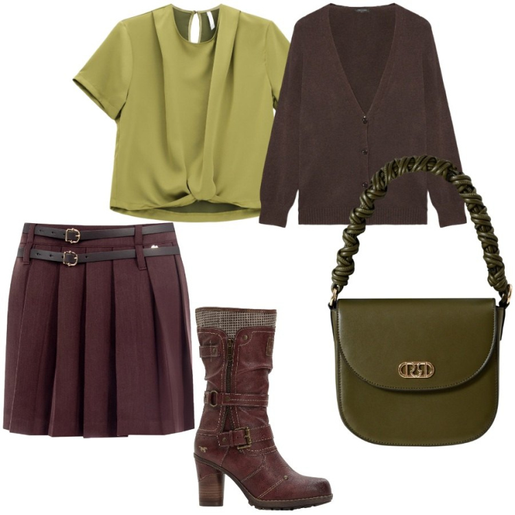 Outfit donna - Pomeriggio in città. Stile Casual chic per Serata fuori. Abbinamento con stivali, minigonne, borse a mano, bluse, cardigans.