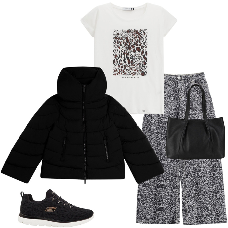 Outfit donna - Una corsa al supermercato. Stile Casual per Tutti i giorni. Abbinamento con sneakers, shopping bag, piumini, pantaloni, t-shirt.