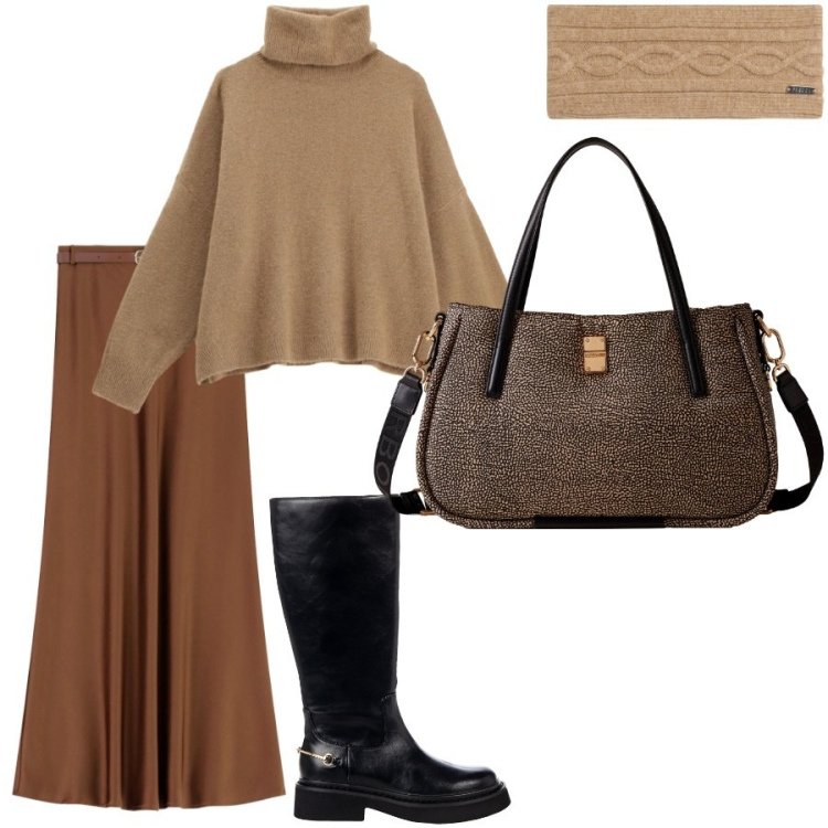 Outfit donna - Fashion al lavoro. Stile Casual chic per Ufficio. Abbinamento con stivali sopra il ginocchio, gonne lunghe, maglieria, accessori per capelli, shopping bag.