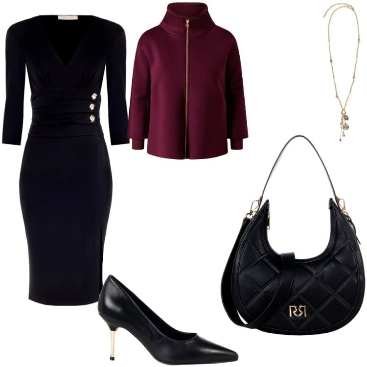 Outfit donna - Semplicità ed eleganza. Stile Chic per Cerimonia. Abbinamento con vestiti a tubino, borse a tracolla, cappe, décolleté, ciondoli.