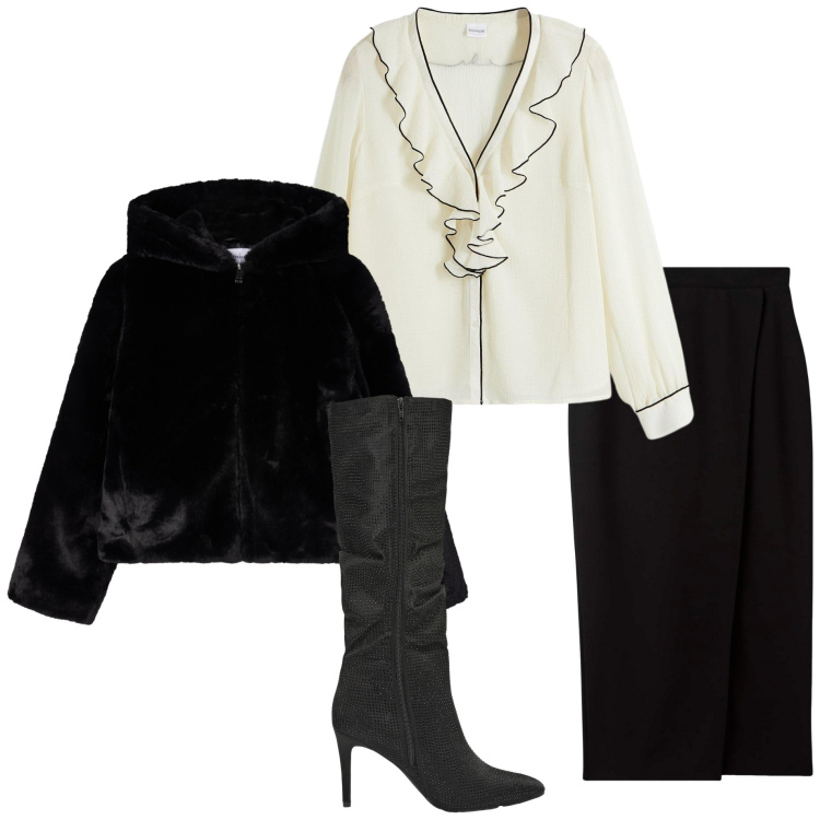 Outfit donna - Serata chic. Stile Chic per Serata fuori. Abbinamento con camicie, gonne longuette, stivali, ecopellicce.