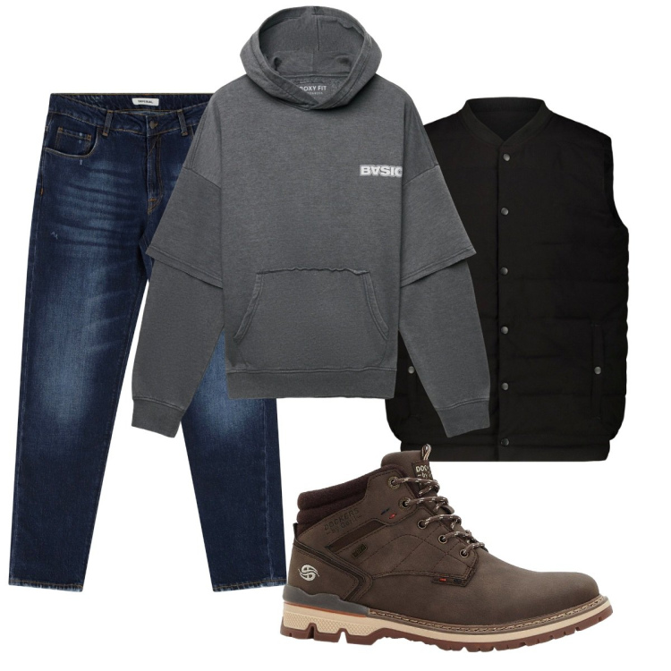 Outfit uomo - Total look #2274184. Stile Casual per Tutti i giorni. Abbinamento con stivali e stivaletti, felpe con cappuccio, jeans dritti, piumini.