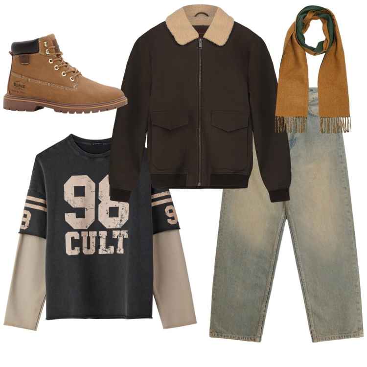 Outfit uomo - Total look #2274185. Stile Urban per Tutti i giorni. Abbinamento con stivali e stivaletti, felpe, jeans, sciarpe, bomber.