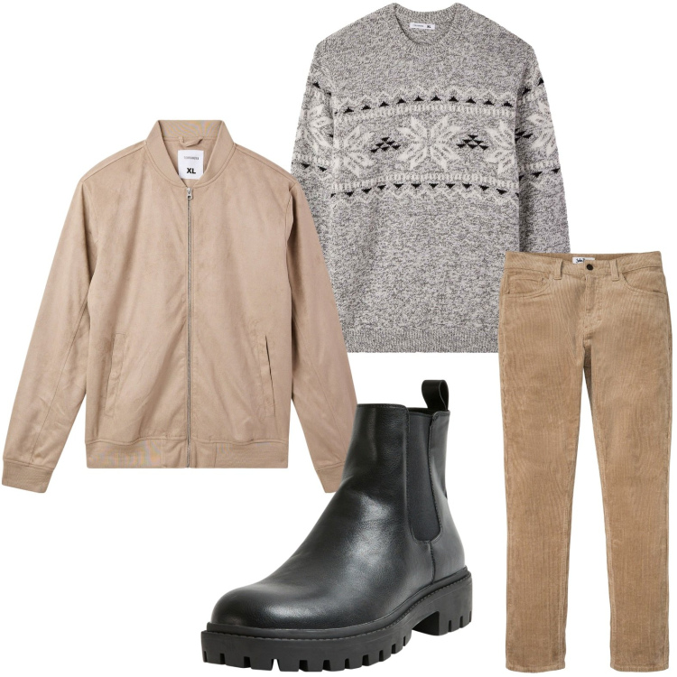 Outfit uomo - Capi invernali. Stile Trendy per Tutti i giorni. Abbinamento con pantaloni, stivali e stivaletti, bomber, maglieria.