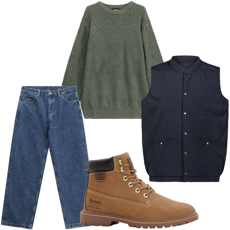 Outfit uomo - Il denim non manca. Stile Casual per Tutti i giorni. Abbinamento con stivali e stivaletti, jeans, maglieria, piumini.