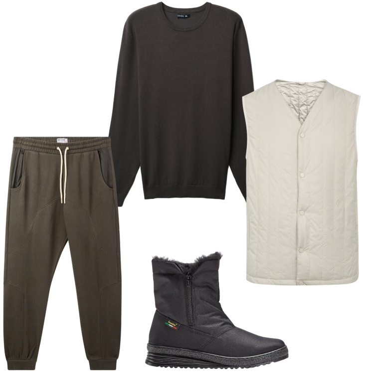 Outfit uomo - Stile creativo. Stile Casual per Tutti i giorni. Abbinamento con stivali e stivaletti, maglieria, pantaloni, piumini.