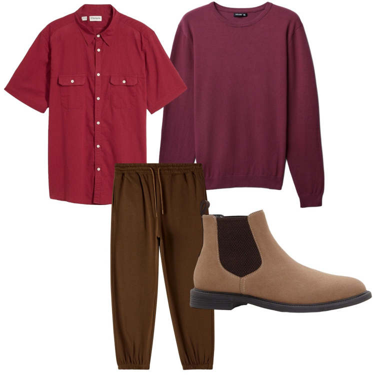 Outfit uomo - Tonalità calde. Stile Casual per Tutti i giorni. Abbinamento con camicie a manica corta, stivali e stivaletti, pantaloni, maglieria.