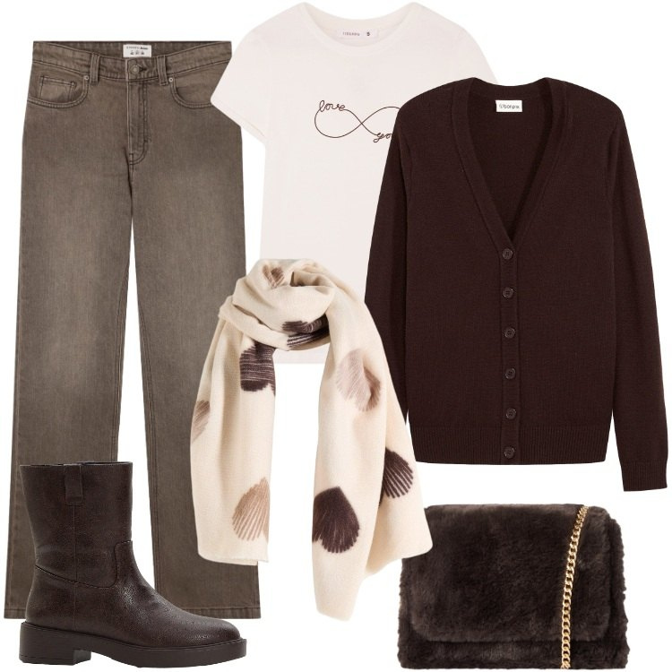 Outfit donna - Cioccolato. Stile Romantica per Tutti i giorni. Abbinamento con stivaletti, cardigans, sciarpe, t-shirt, jeans bootcut, borse a tracolla.