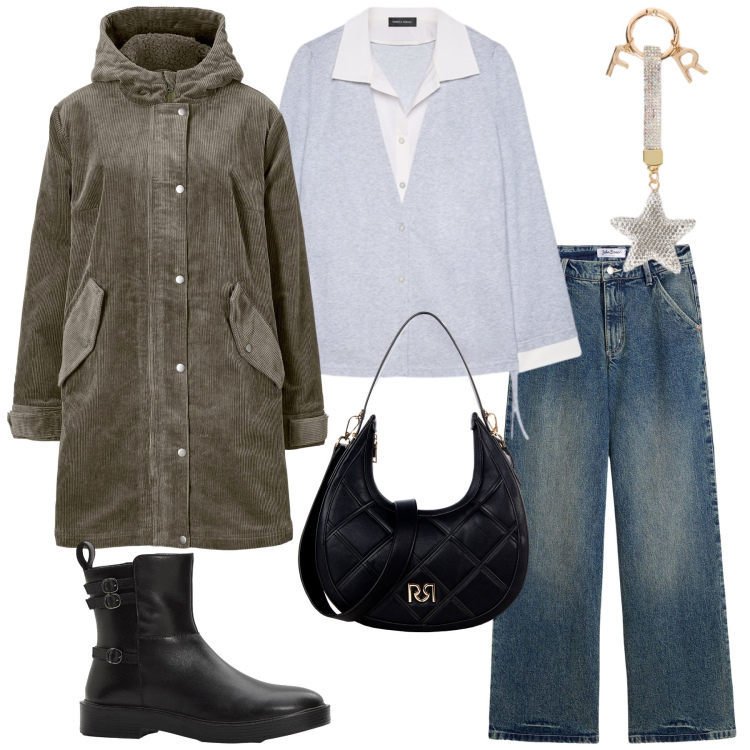 Outfit donna - Total look #2274196. Stile Basic per Tutti i giorni. Abbinamento con parka, jeans, stivaletti, borse a tracolla, felpe, portachiavi.