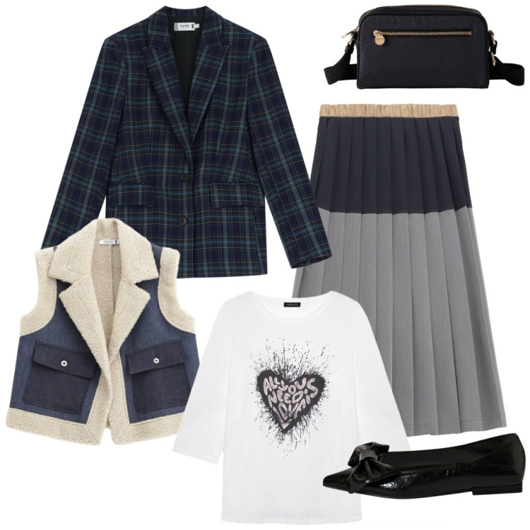 Outfit donna - In ufficio. Stile Casual chic per Tutti i giorni. Abbinamento con gilet, blazer, borse a tracolla, ballerine, gonne longuette, t-shirt.