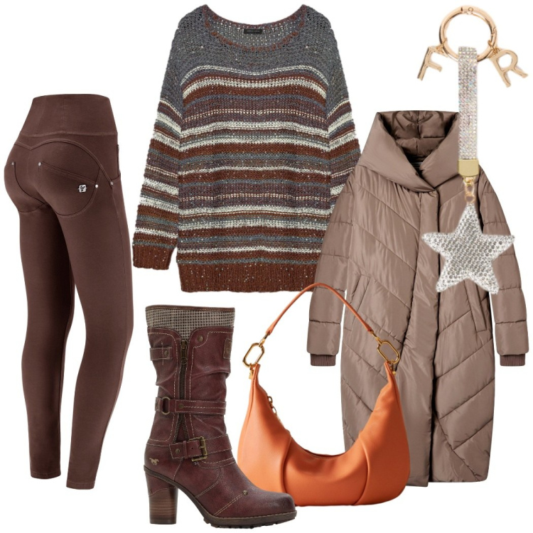 Outfit donna - Aperitivo con le amiche. Stile Casual chic per Tutti i giorni. Abbinamento con stivali, cappotti, pantaloni skinny, borse a spalla, maglieria, portachiavi.
