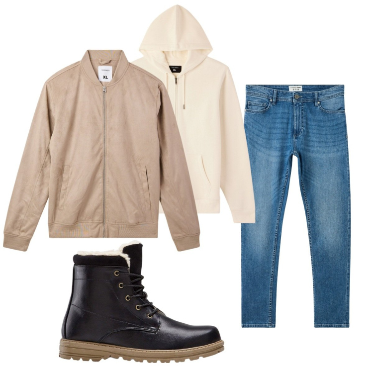 Outfit uomo - Total look #2274205. Stile Casual per Tutti i giorni. Abbinamento con stivali e stivaletti, jeans skinny, bomber, felpe con cappuccio.