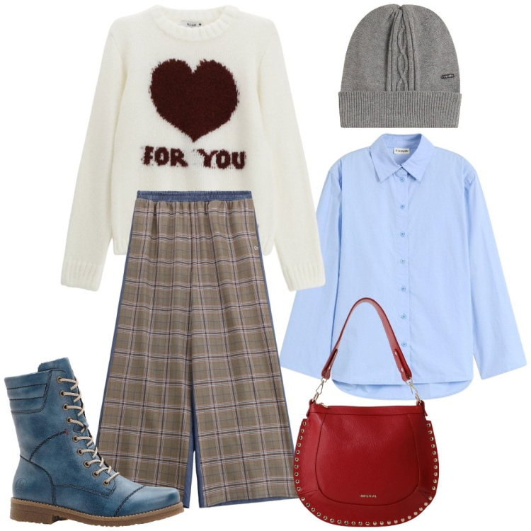 Outfit donna - Urban style. Stile Casual chic per Tutti i giorni. Abbinamento con camicie, stivaletti, berretti, pullovers, pantaloni a palazzo, borse a spalla.