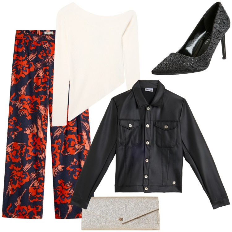 Outfit donna - Aperitivo. Stile Casual chic per Serata fuori. Abbinamento con pantaloni a palazzo, décolleté, maglieria, pochette, giacche.