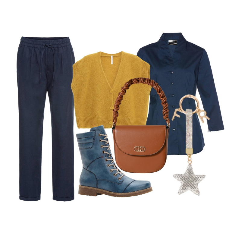 Outfit donna - Un po’ di senape. Stile Casual per Tutti i giorni. Abbinamento con pantaloni, camicie, stivaletti, borse a mano, cardigans, portachiavi.