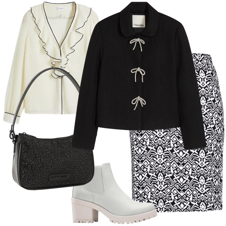 Outfit donna - Proprio tutto Bonprix. Stile Bon Ton per Ufficio. Abbinamento con blazer, gonne, stivaletti chelsea, borse a mano, camicie.