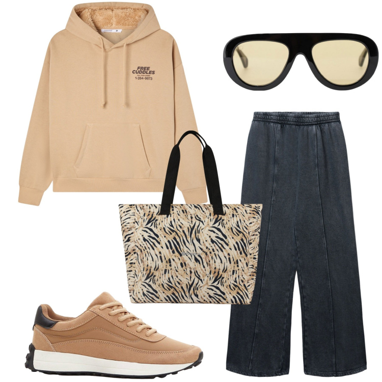 Outfit donna - Total look #2274218. Stile Casual per Tutti i giorni. Abbinamento con sneakers, felpe con cappuccio, pantaloni, occhiali da sole, shopping bag.