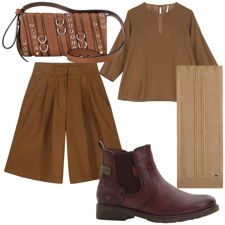 Outfit donna - L ora del caffè. Stile Urban per Tutti i giorni. Abbinamento con stivaletti chelsea, borse a spalla, bluse, sciarpe, bermuda.