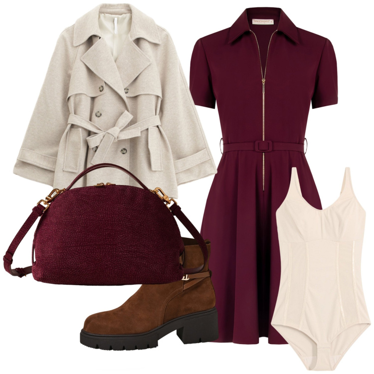 Outfit donna - Pomeriggio con amica al cinema. Stile Urban per Tutti i giorni. Abbinamento con body, vestiti corti, stivaletti, trench, borse a mano.