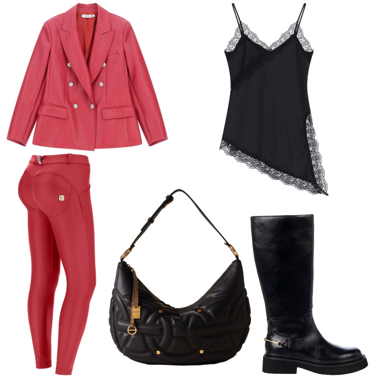 Outfit donna - Top e giacca in citta\'. Stile Casual per Tutti i giorni. Abbinamento con stivali sopra il ginocchio, pantaloni skinny, giacche, top, borse a spalla.
