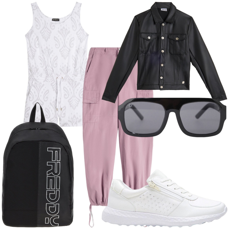 Outfit donna - Primo weekend di novembre. Stile Casual per Tutti i giorni. Abbinamento con sneakers, occhiali da sole, zaini, pantaloni cargo, giacche, tuta corta.