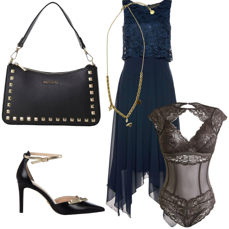 Outfit donna - Una strega fatata. Stile Glamour per Serata fuori. Abbinamento con body, vestiti midi/longuette, décolleté, pochette, ciondoli.