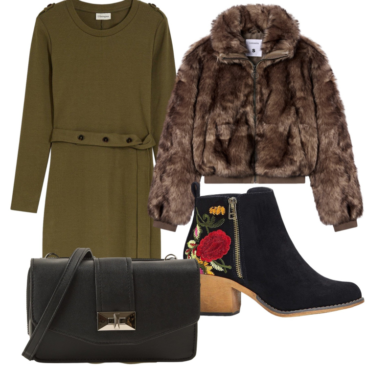 Outfit donna - Ufficio sfizioso. Stile Trendy per Ufficio. Abbinamento con stivaletti, vestiti midi/longuette, borse a tracolla, ecopellicce.