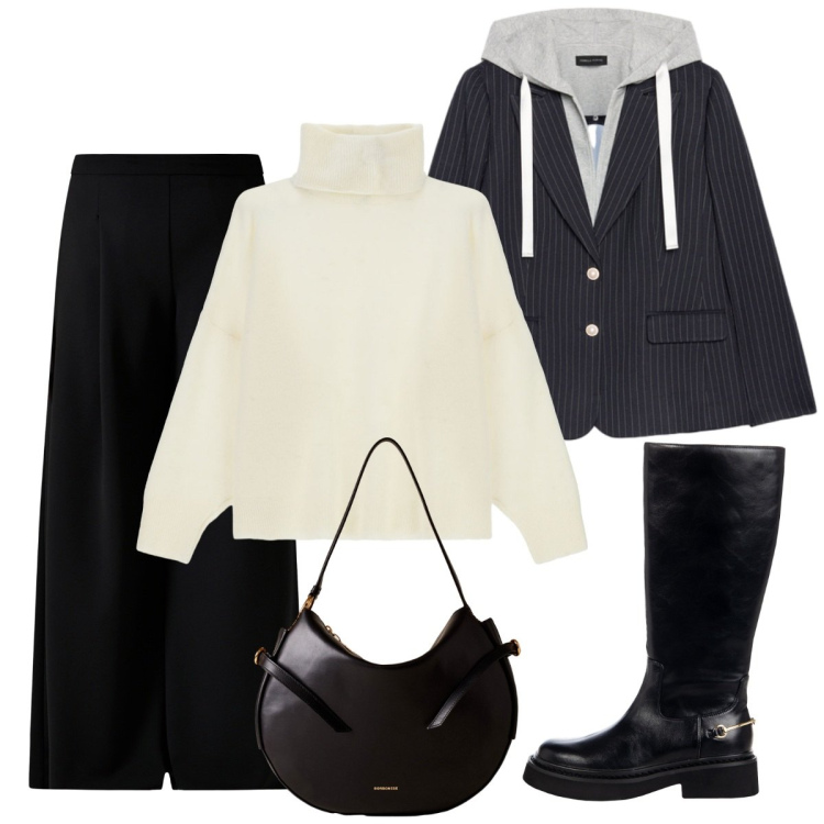 Outfit donna - La giacca con la felpa incorporata. Stile Basic per Tutti i giorni. Abbinamento con pantaloni a palazzo, stivali sopra il ginocchio, maglieria, borse a spalla, blazer.